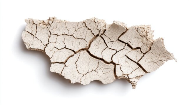 Cracked dry clay surface fragment with fine details and natural color, isolated on white background, realistic lighting