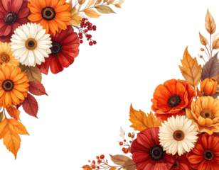 Watercolor floral arrangement with colorful daisies, poppies, leaves, and berries, on a black background