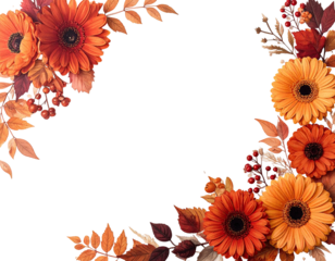 Autumn floral arrangement, vibrant orange gerbera daisies & fall foliage, with space
