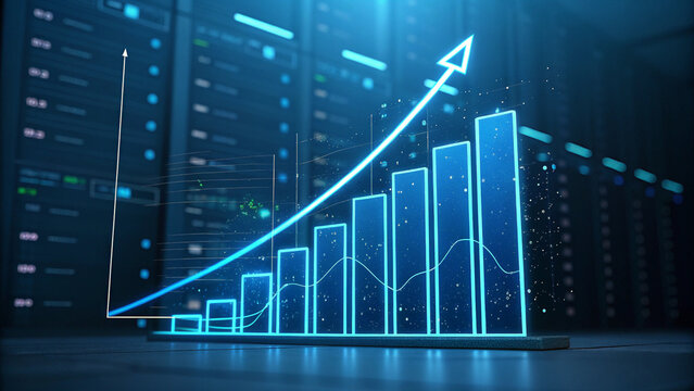 
A glowing blue bar chart depicts increasing data and growth, with an upward-pointing arrow illustrating a significant trend of improvement. The background suggests a server room or data center,
