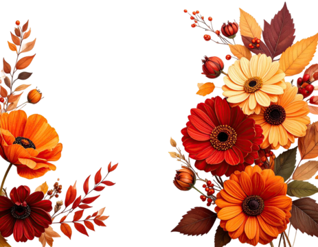 Floral design with orange, red, and yellow blooms, autumn leaves, and berries against black