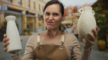 Woman outdoors holding ceramic vases in artisan street market wearing apron showcasing handmade...