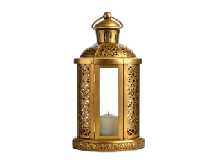 A decorative, ornate golden lantern with intricate cut-out designs, holding a white candle
