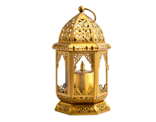 Golden, ornate lantern with intricate cutouts, a handle, and a single lit candle inside