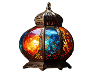 Ornate, multi-colored glass lantern, intricately detailed, with a metallic filigree frame