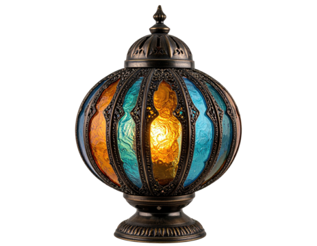 Ornate, spherical lamp with stained glass panels. Bronze-toned base, crown, and accents