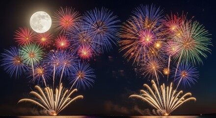 Obraz premium Fireworks display under moonlight in the night sky