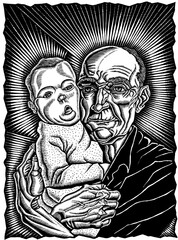 elderly man lovingly holding young infant 