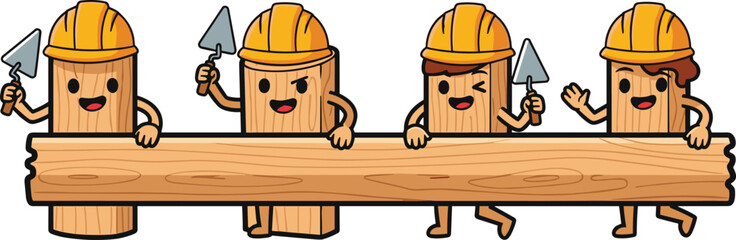 Cartoon wooden logs, construction teamwork illustration, funny worker characters, anthropomorphic logs, building beam carrying, playful construction art, teamwork concept