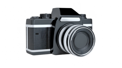 Classic black film camera with silver accents, large lens, and textured grip, isolated on transparency background, vintage style, retro photography equipment, nostalgic and timeless design