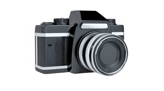Classic black film camera with silver accents, large lens, and textured grip, isolated on transparency background, vintage style, retro photography equipment, nostalgic and timeless design