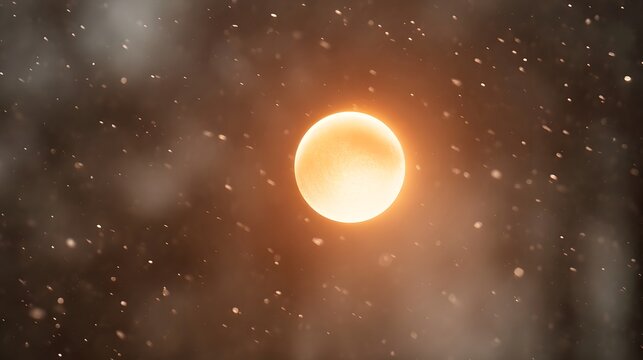 A luminous warm solar orb glows in the dark cosmic expanse with bright particles resembling falling snow swirling around