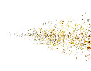 A stream of golden confetti explodes against a black backdrop, creating a sparkling abstract design