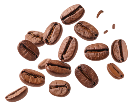 A cluster of roasted brown beans suspended against a stark black backdrop