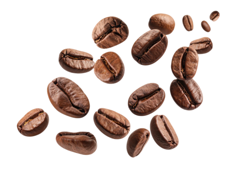 Isolated, roasted brown coffee beans of varying sizes floating against a stark black background