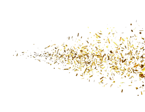 A stream of golden confetti explodes against a black backdrop, creating a sparkling abstract design