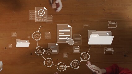 A captivating display of hands interacting with digital file icons on a wooden surface, symbolizing collaboration, organization, and efficiency in modern workspace operations. Raster