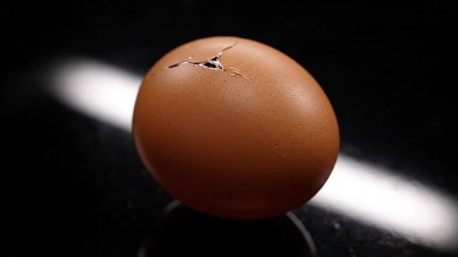 A brown hen's egg features a distinct crack on its shell against a dark backdrop.