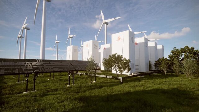 Wind turbines and transformers together with solar panels in a picturesque nature. 3d render animation 4k
