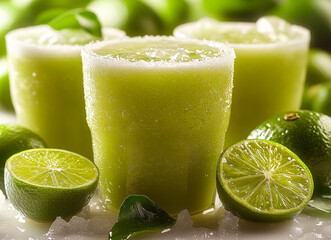 Refreshing Lime Smoothie with Ice and Fresh Limes on a Table in a Close-up View of Summer Beverage