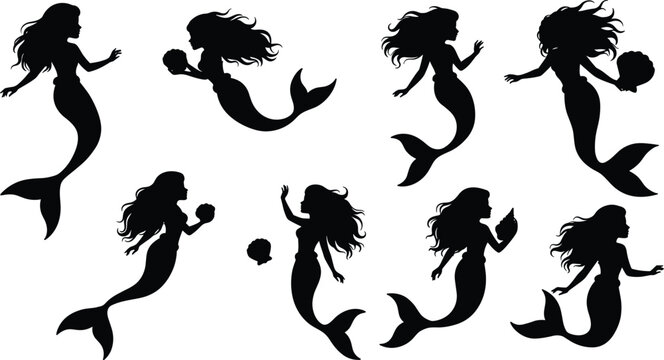 Mermaid silhouette vector, black mermaid illustration, fantasy sea creature, swimming pose, long hair, aquatic theme, mythical design, underwater art, ocean magic, decorative graphic