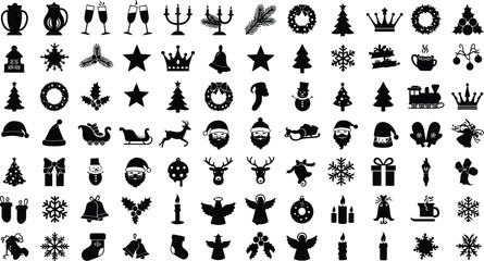 Christmas holiday silhouette icons illustration, festive symbols, Santa Claus, reindeer, snowman, gifts, ornaments, celebration, winter decor, seasonal design