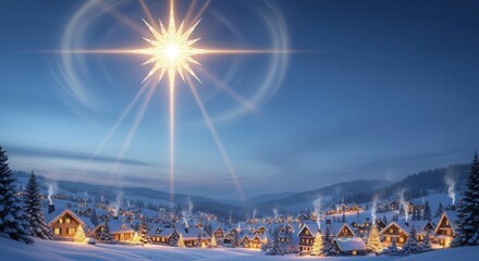 Christmas star over snow covered village scene