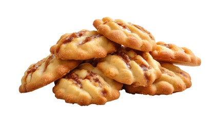 A stack of cookies with a brown filling