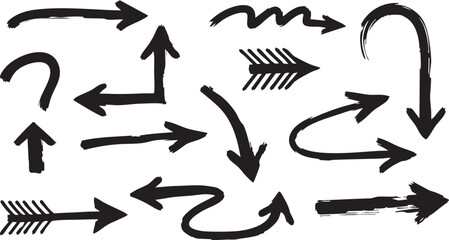 Large collection of hand drawn grunge arrows providing various directional pointers and navigation symbols on isolated background