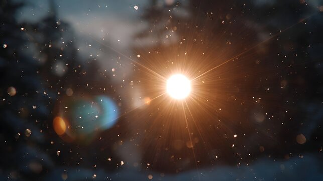 A bright radiant sunburst with flares and falling particles creates an ethereal atmospheric scene