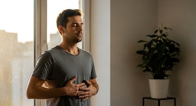 Young Man Meditating Calmly Near Large Window in Bright Room