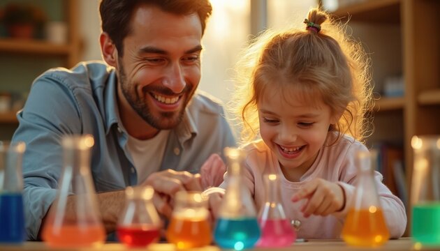 Father and young daughter smiling while doing science experiment together in a brightly lit room with colorful liquids in beakers. They are learning and having fun with chemistry.