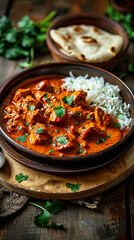 Spicy Chicken Tikka Masala with Rice and Naan Bread in Clay Plate on Rustic Wooden Background, Indian Cuisine