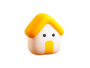 3D house icon with yellow roof white wall and simple cute face isolated on transparent background playful and minimal style suitable for web app or real estate design