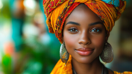 Confident Ethnic Black Woman Wearing Vibrant Traditional Turban and Earrings in Casual Setting