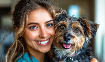 Smiling young woman holding small happy mixed breed dog close up indoor pet care and companionship concept portrait with bright expressive eyes and joyful expressions