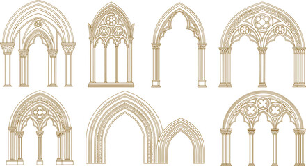  Gothic architecture illustration set, pointed arches and ornate windows, ribbed vaults tracery design, medieval cathedral style decorative line art drawing