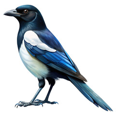 Illustration of a striking watercolor illustration of a black and white magpie bird perched, isolated on a transparent background, with iridescent blueblack plumage