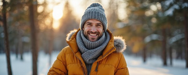 Smiling man in warm winter clothes stands in a snowy park at sunset. He wears a beanie scarf and puffer jacket, looking at camera. Copy space available for text overlays.