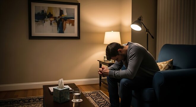 Young Man Sitting on Couch in Dimly Lit Living Room with Lamp and Abstract Artwork