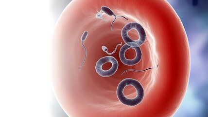 Microscopic view of malaria parasites attacking red blood cells, a critical insight for medical research and disease awareness campaigns