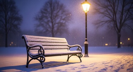 Snowy park bench under a streetlamp at night