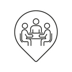 Thin-line meeting icon inside a circular pin, symbolizing teamwork and communication. Perfect for corporate dashboards and management visuals.