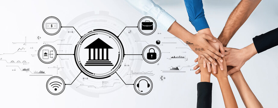 Hands unite above various banking icons to represent collaboration and trust in the finance industry, showcasing the impact of digital technology on modern banking practices. Trope