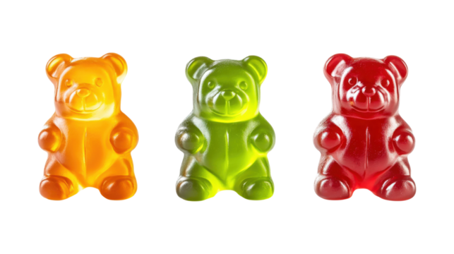 Three bears in different colors, one is green, one is yellow, and one is red