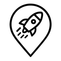Black rocket launch icon inside a circular pin. Ideal for startup, innovation, and progress concepts in UI and web design.