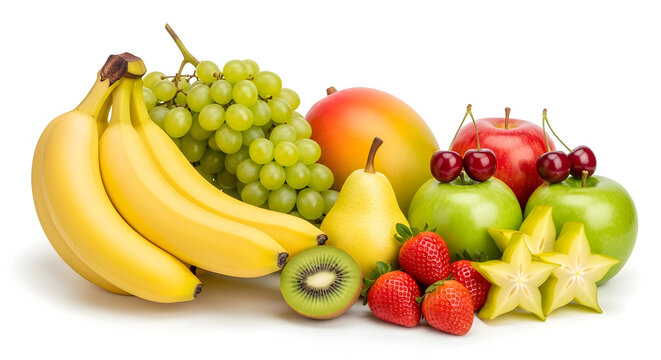 fruits and berries, including bananas, green grapes, mango, pear, green apples, red apples, strawberries, cherries, kiwi, and star fruit, all arranged on a clean white background.
