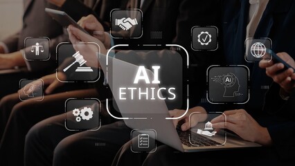 Professionals discuss AI ethics at a technology conference, highlighting the importance of responsible use of artificial intelligence in various industries and its societal impacts. Raster