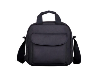 Black bag shoulder strap handle front pocket compact travel fabric casual accessory unisex. compact black fabric bag with shoulder strap handle and front pocket ideal for travel or daily use