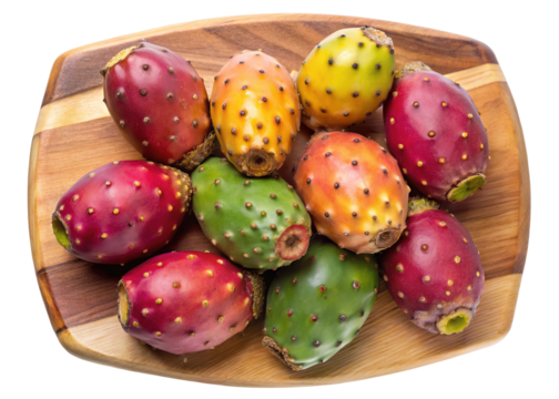 A vibrant assortment of ripe prickly pear cactus fruits in various colors and sizes displayed on a wooden plate isolated on transparent background